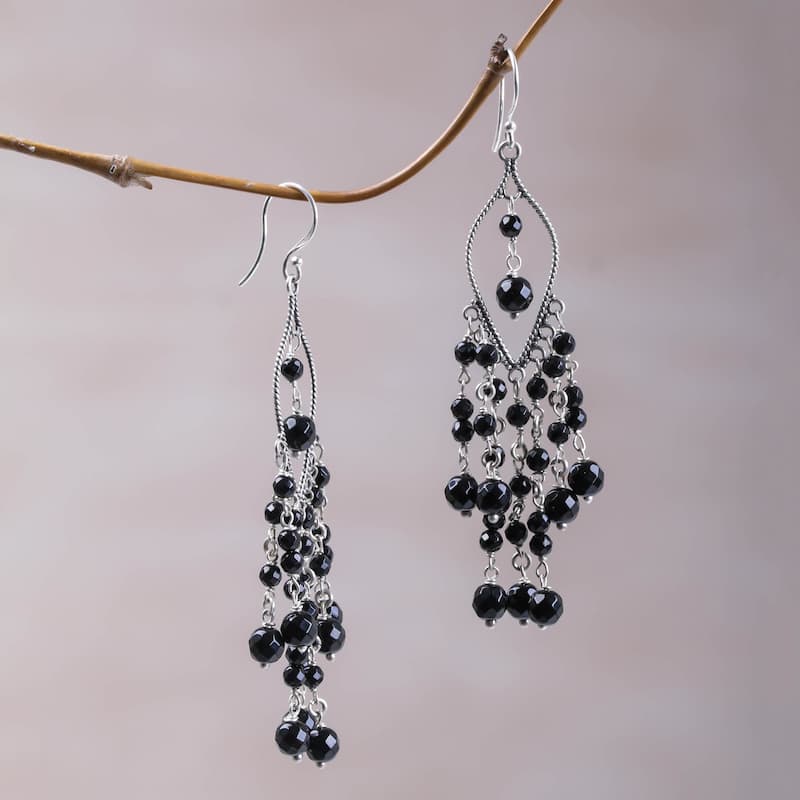 Onyx Chandelier Earrings, 'Shadow Drops' (Indonesia) - 3.2L0.6W