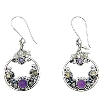 NOVICA Cultured Pearl and Amethyst Earrings 'Frangipani Moons' (Indonesia) - 2.4L*1.1W
