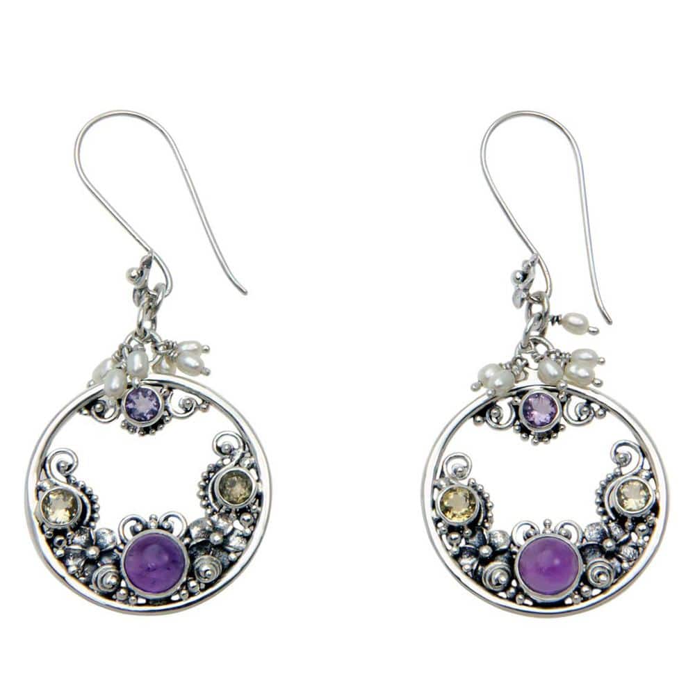 NOVICA Cultured Pearl and Amethyst Earrings 'Frangipani Moons' (Indonesia) - 2.4L*1.1W