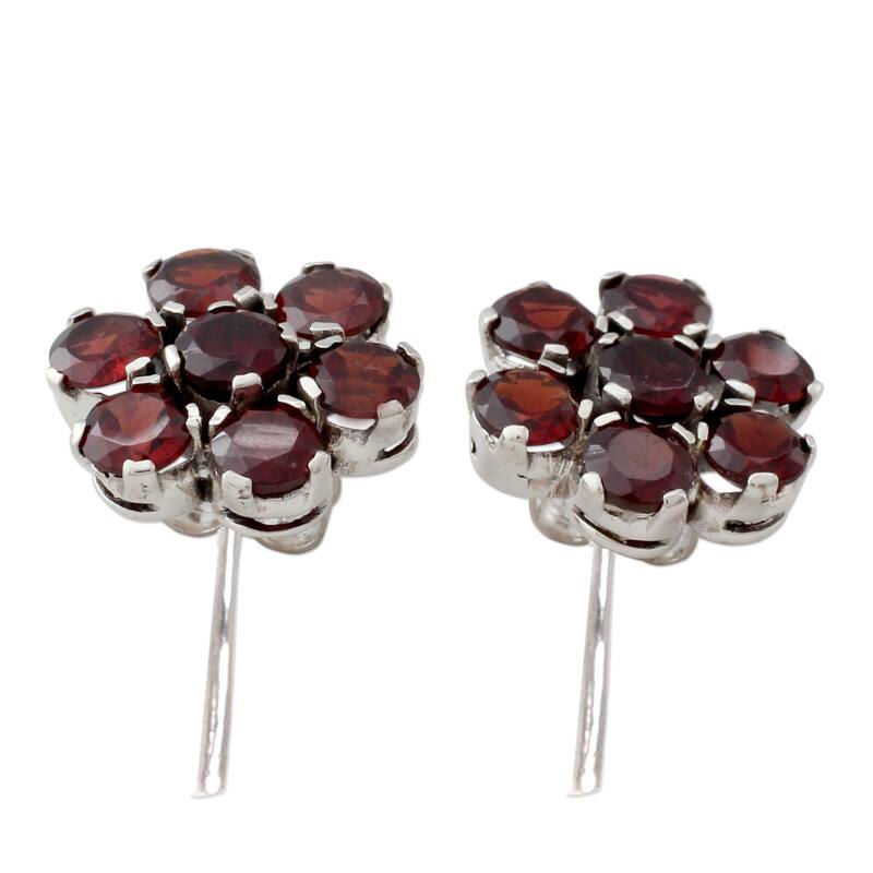 NOVICA Garnet Button Earrings, 'Romantic Blossom' (India) - 0.7*0.7