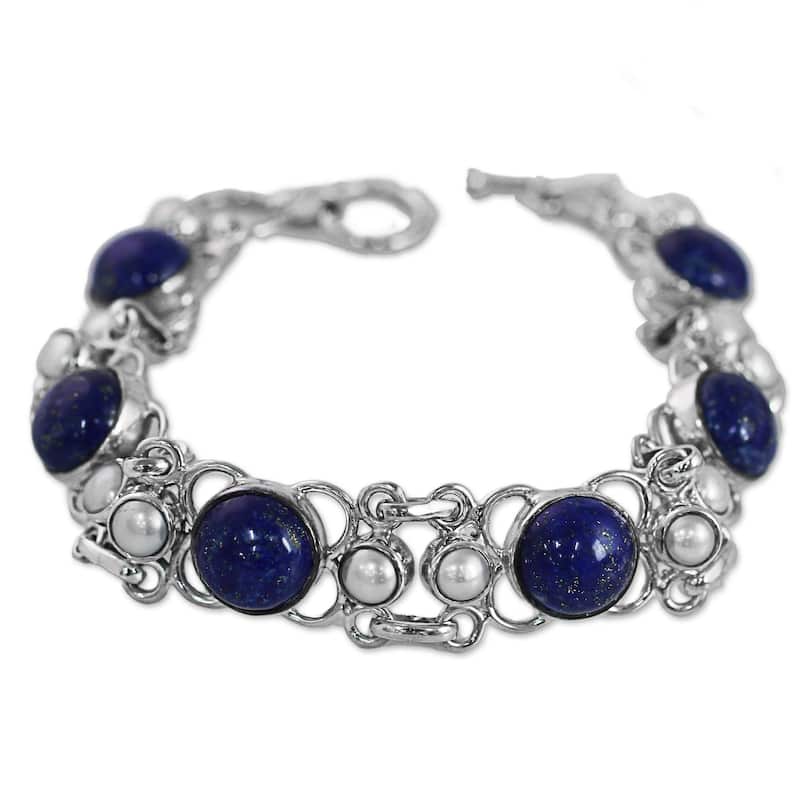 NOVICA Cultured Pearl and Lapis Lazuli Link Bracelet, 'Twilight Garden' (India) - 7'6" x 9'6"