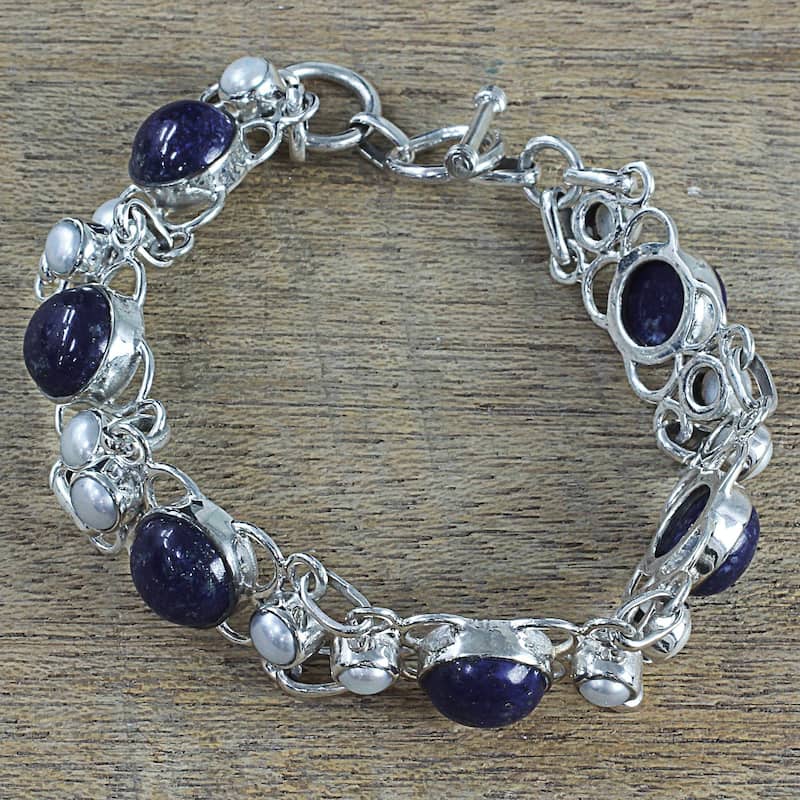 NOVICA Cultured Pearl and Lapis Lazuli Link Bracelet, 'Twilight Garden' (India) - 7'6" x 9'6"