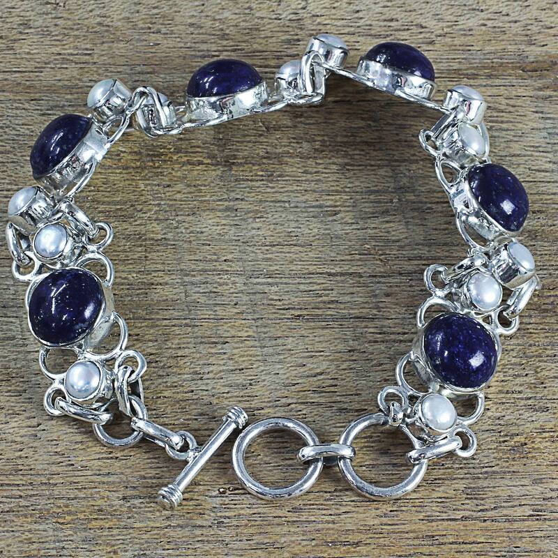 NOVICA Cultured Pearl and Lapis Lazuli Link Bracelet, 'Twilight Garden' (India) - 7'6" x 9'6"