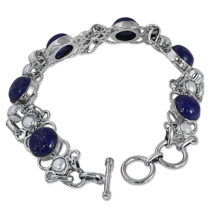 NOVICA Cultured Pearl and Lapis Lazuli Link Bracelet, 'Twilight Garden' (India) - 7'6" x 9'6"