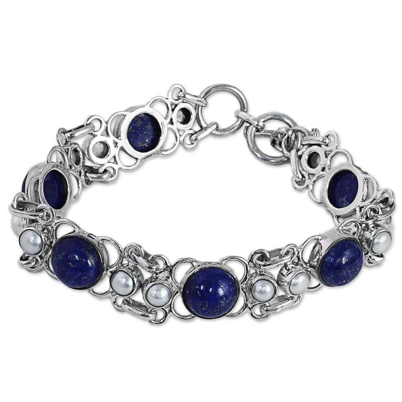 NOVICA Cultured Pearl and Lapis Lazuli Link Bracelet, 'Twilight Garden' (India) - 7'6" x 9'6" - Blue - 7'6" x 9'6" - 7.75 Inch - Blue - Lapis - White