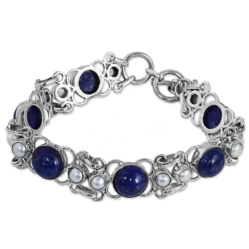 NOVICA Cultured Pearl and Lapis Lazuli Link Bracelet, 'Twilight Garden' (India) - 7'6" x 9'6"