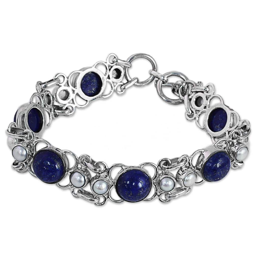 NOVICA Cultured Pearl and Lapis Lazuli Link Bracelet, 'Twilight Garden' (India) - 7'6" x 9'6"
