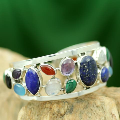 Lapis Lazuli and Pearl Cuff Bracelet, 'Colors of Life' (India) - 7'6" x 9'6" - 7'6" x 9'6"