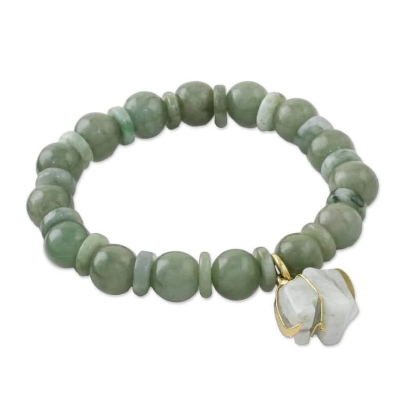 Jade Beaded Stretch Bracelet Jade Elephant (Thailand) - 7'6" x 9'6" - White - 7'6" x 9'6" - Up to 6 Inches - Green - Jade - White