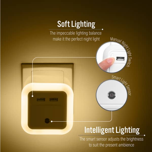 Night Light Wall Power Outlet 4.2A USB Ports Auto On/Off Sensor