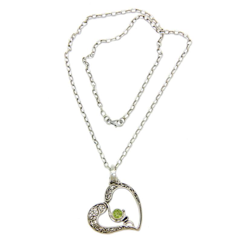 Handmade Peridot Heart Necklace, 'Naturally in Love' (Indonesia)