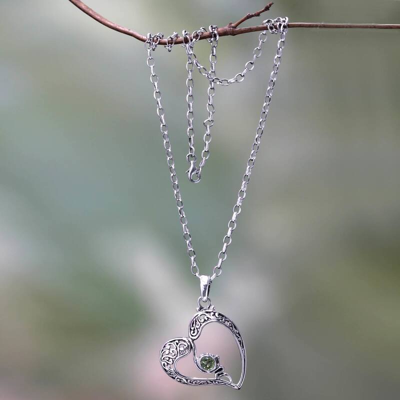 Handmade Peridot Heart Necklace, 'Naturally in Love' (Indonesia)