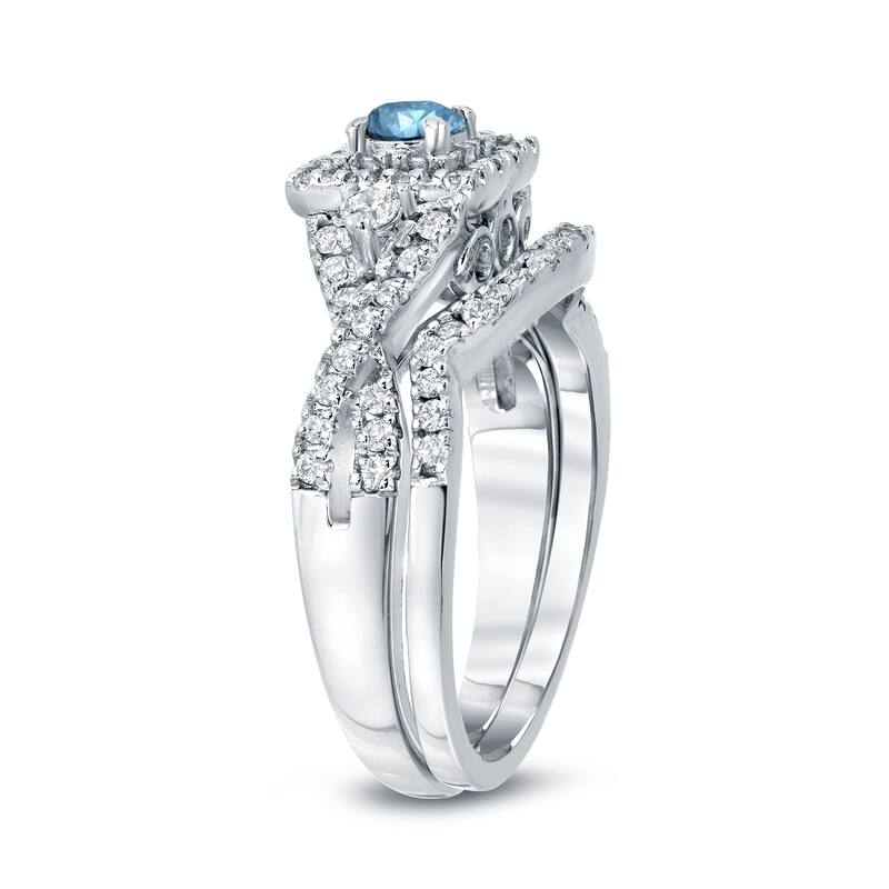 Auriya 3/4ctw Vintage Inspired Blue 3-Stone Halo Diamond Engagement Ring Set 14k Gold