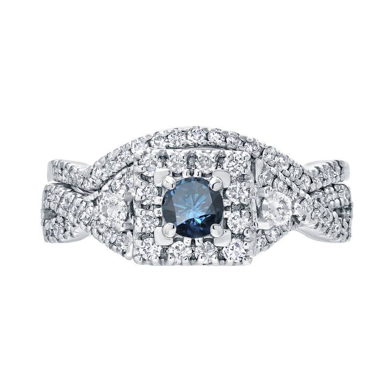 Auriya 3/4ctw Vintage Inspired Blue 3-Stone Halo Diamond Engagement Ring Set 14k Gold