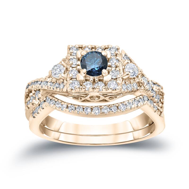 Auriya 3/4ctw Vintage Inspired Blue 3-Stone Halo Diamond Engagement Ring Set 14k Gold