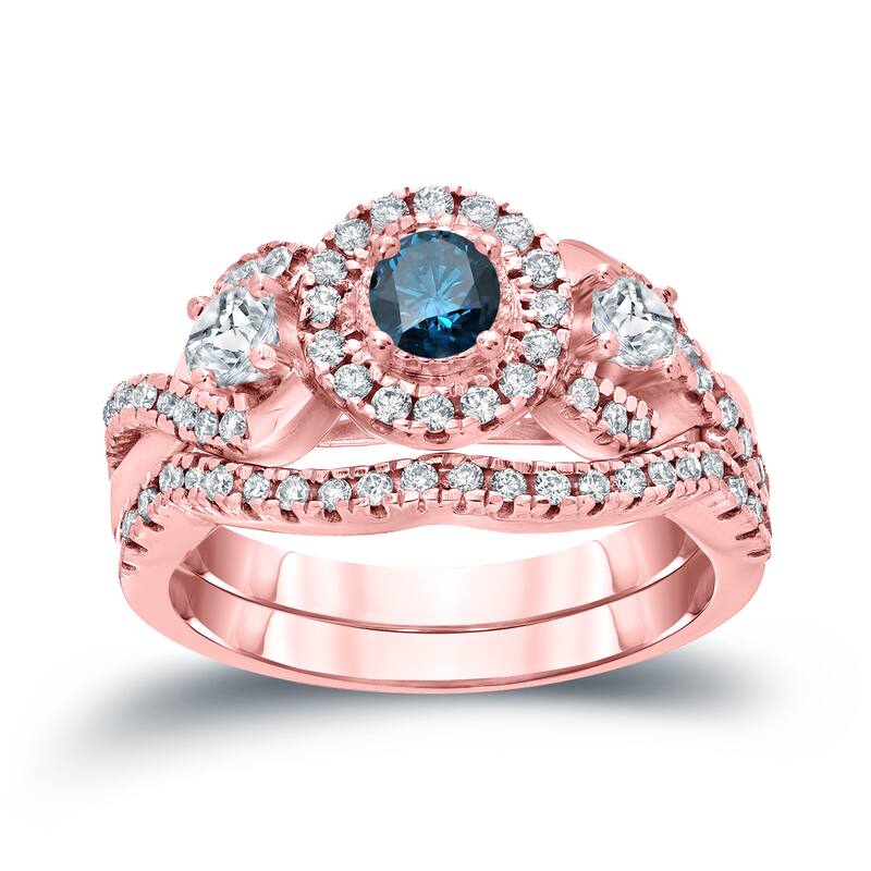 Auriya 3/4ctw Vintage Inspired Blue Halo Diamond Engagement Ring Set 14k Gold
