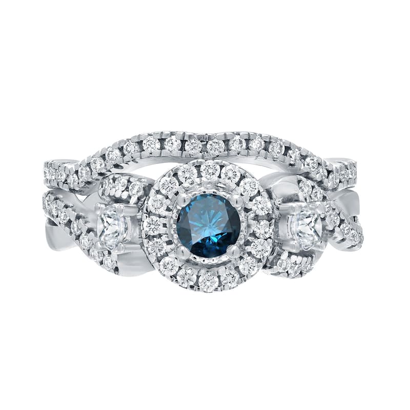 Auriya 3/4ctw Vintage Inspired Blue Halo Diamond Engagement Ring Set 14k Gold