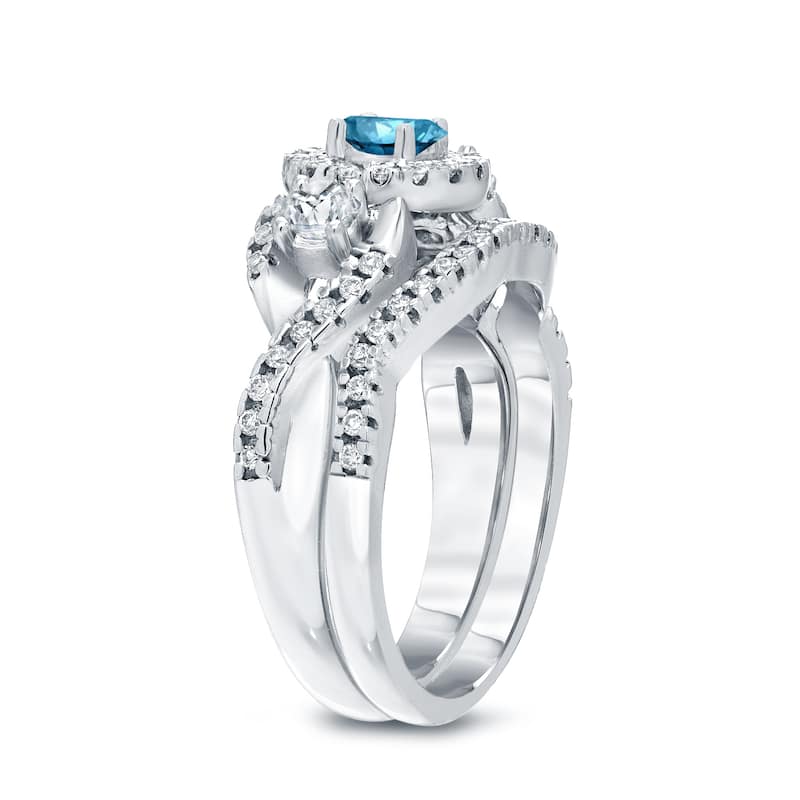 Auriya 3/4ctw Vintage Inspired Blue Halo Diamond Engagement Ring Set 14k Gold