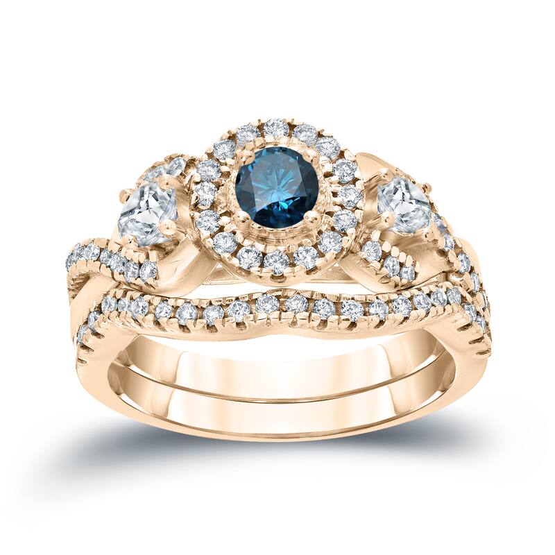 Auriya 3/4ctw Vintage Inspired Blue Halo Diamond Engagement Ring Set 14k Gold