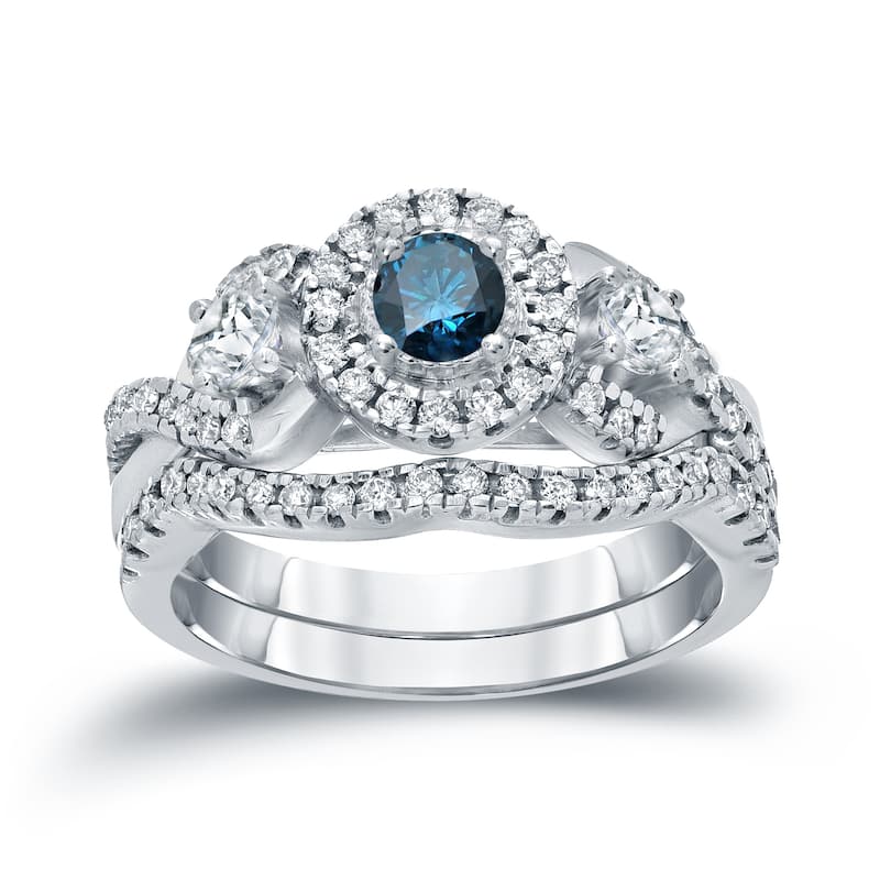 Auriya 3/4ctw Vintage Inspired Blue Halo Diamond Engagement Ring Set 14k Gold