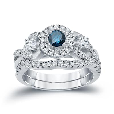 Auriya 3/4ctw Vintage Inspired Blue Halo Diamond Engagement Ring Set 14k Gold
