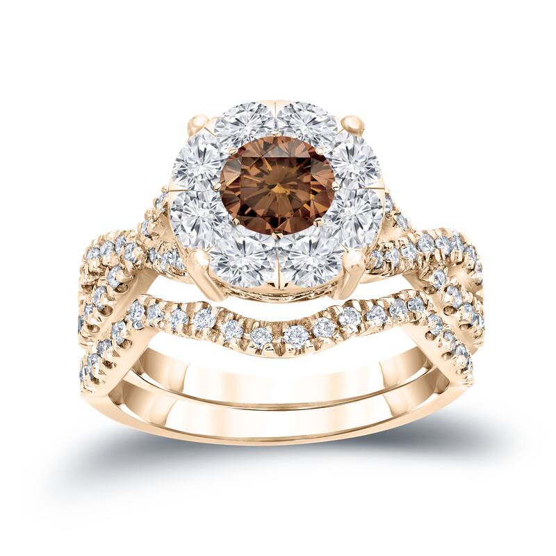 14k Gold 1 1/5ct TDW Infinity Inspired Brown Diamond Halo Engagement Ring Set by Auriya