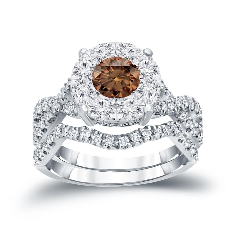 14k Gold 1 1/5ct TDW Infinity Inspired Brown Diamond Halo Engagement Ring Set by Auriya