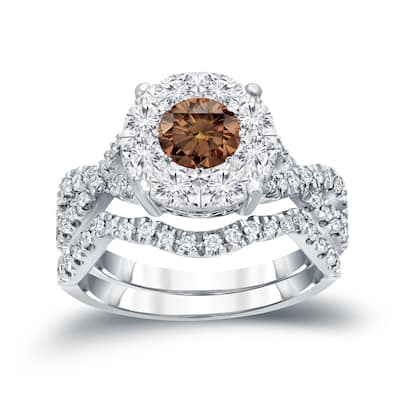 14k Gold 1 1/5ct TDW Infinity Inspired Brown Diamond Halo Engagement Ring Set by Auriya