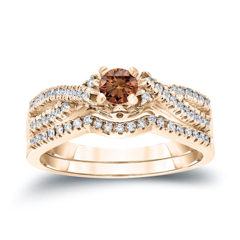 14k Gold 1/2ct TDW Braided Infinity Inspired Brown Diamond Halo Engagement Ring Set by Auriya