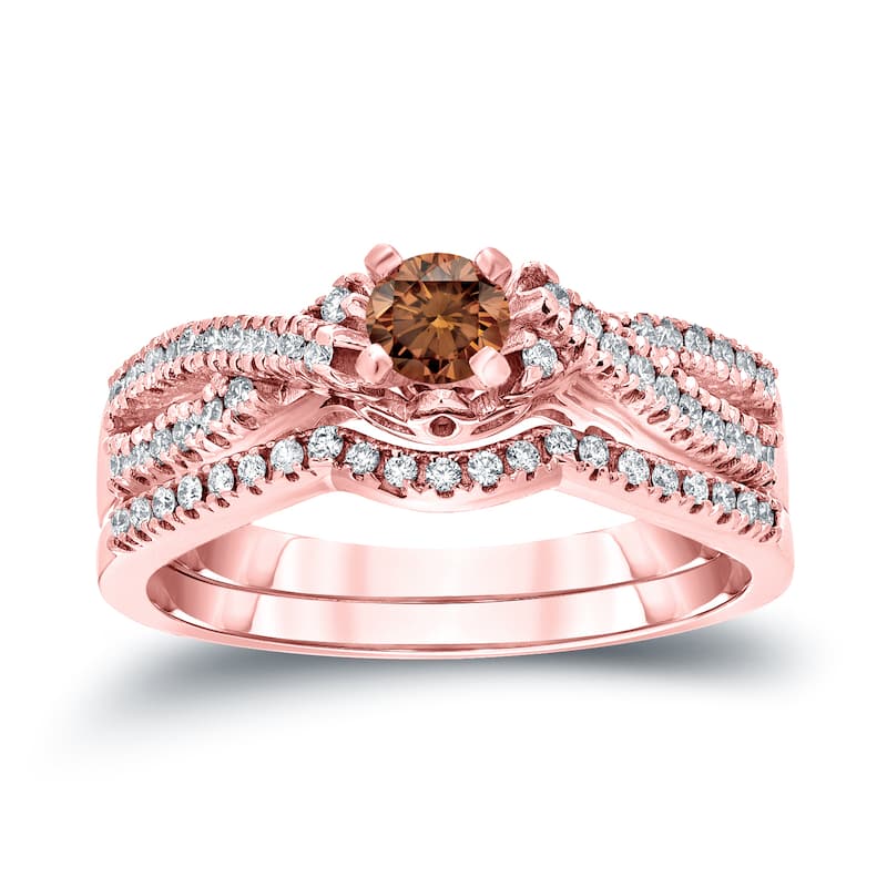 14k Gold 1/2ct TDW Braided Infinity Inspired Brown Diamond Halo Engagement Ring Set by Auriya
