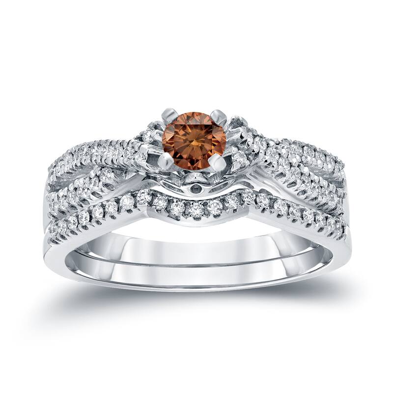 14k Gold 1/2ct TDW Braided Infinity Inspired Brown Diamond Halo Engagement Ring Set by Auriya