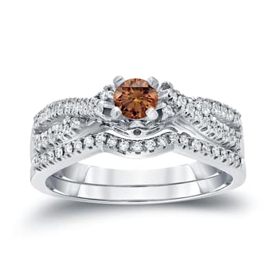 14k Gold 1/2ct TDW Braided Infinity Inspired Brown Diamond Halo Engagement Ring Set by Auriya