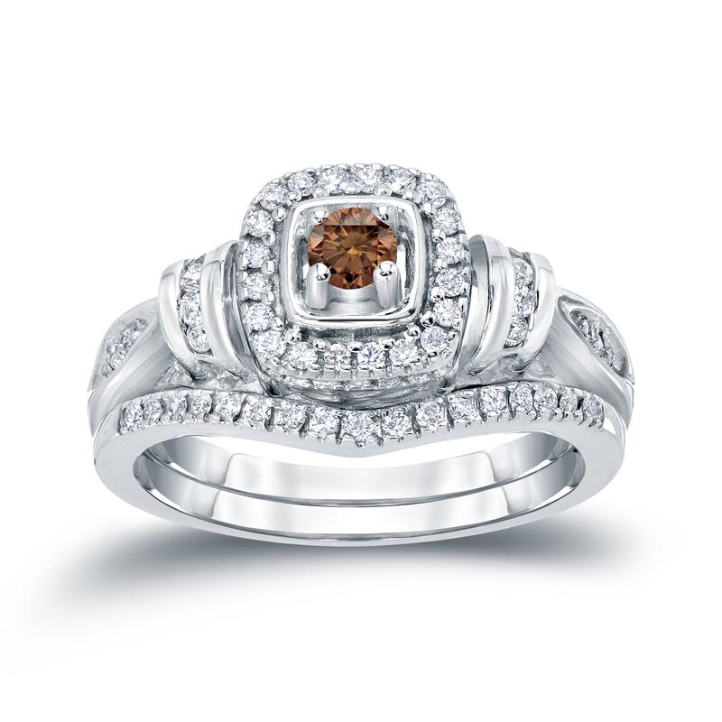 14k Gold 1/2ct TDW Brown Diamond Halo Engagement Ring Set by Auriya
