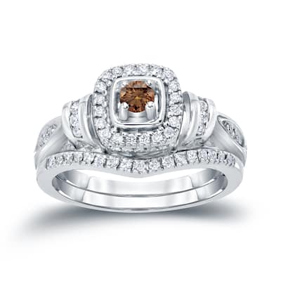 14k Gold 1/2ct TDW Brown Diamond Halo Engagement Ring Set by Auriya