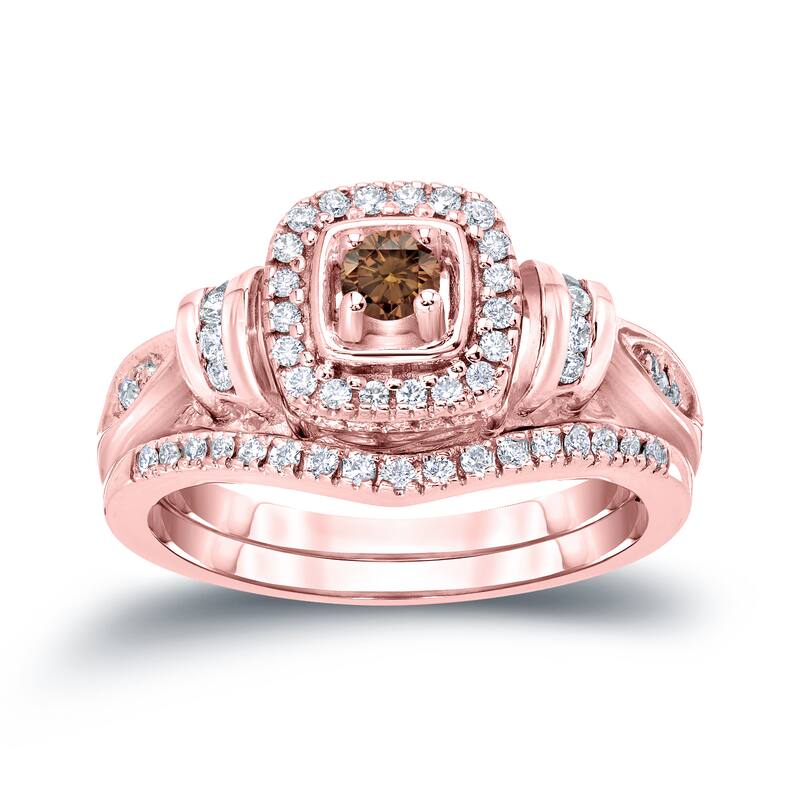 14k Gold 1/2ct TDW Brown Diamond Halo Engagement Ring Set by Auriya