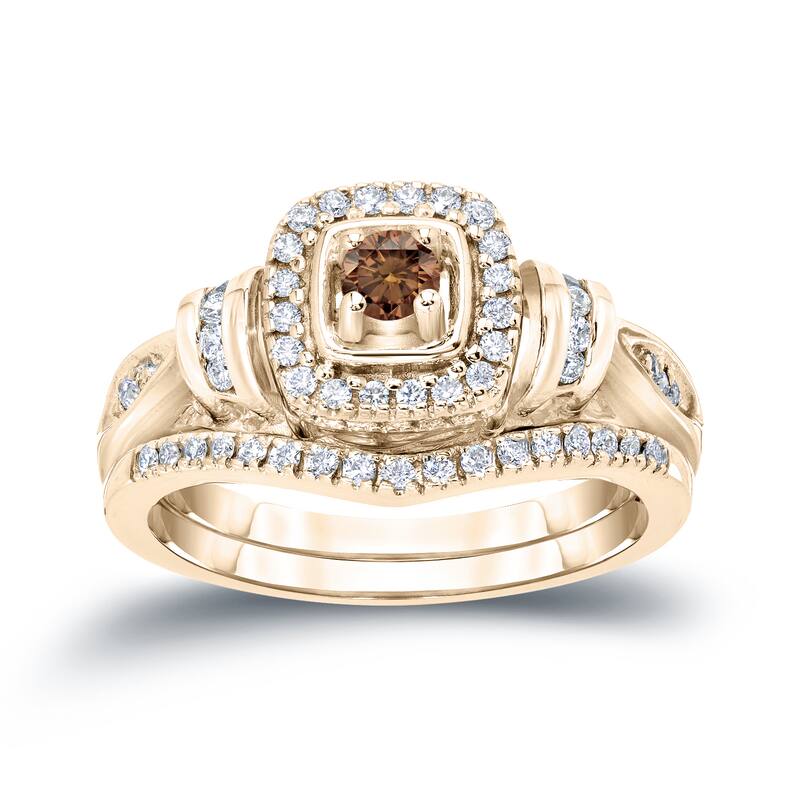 14k Gold 1/2ct TDW Brown Diamond Halo Engagement Ring Set by Auriya