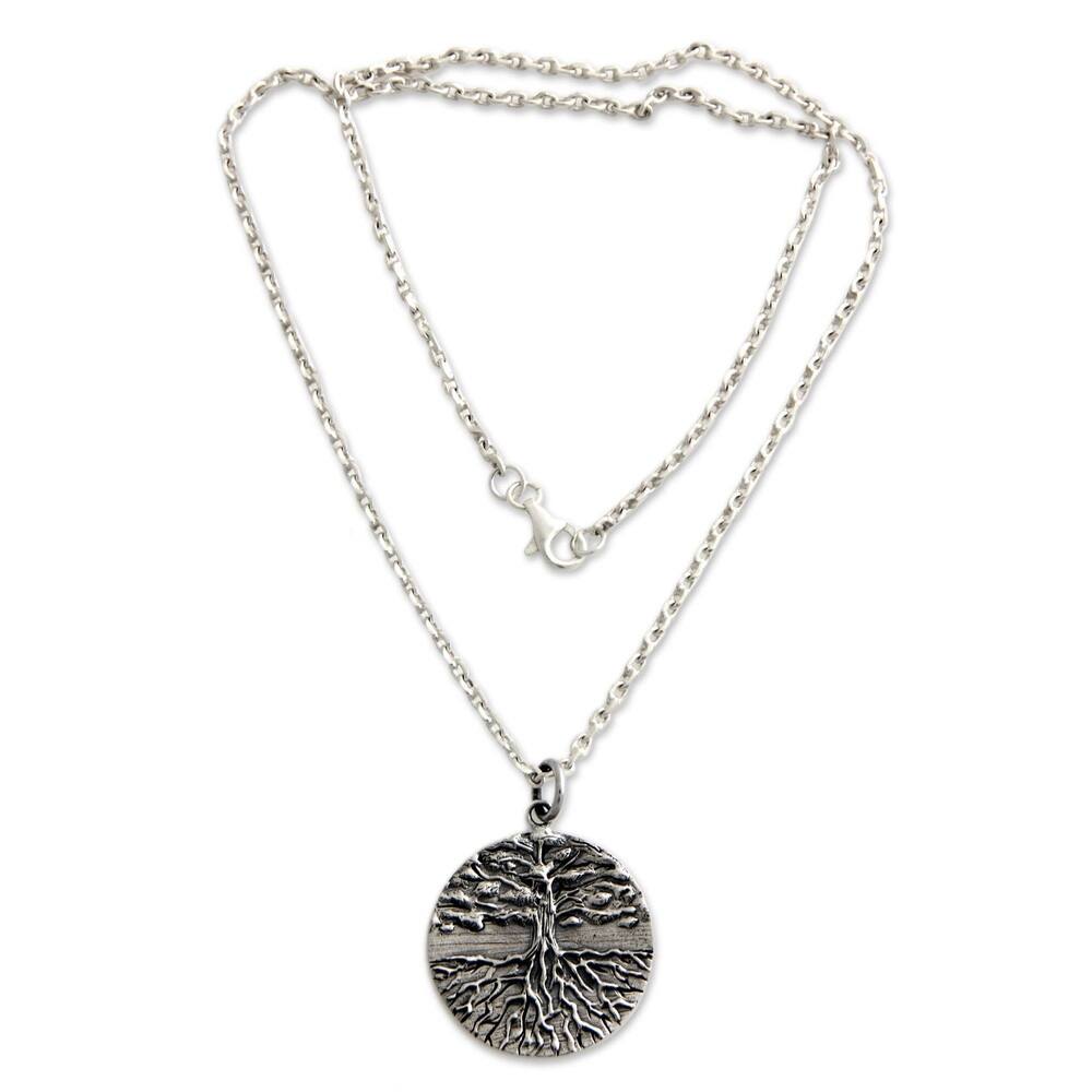 Handmade Men's Sterling Silver Necklace Tree of Life (Indonesia) - 7'6" x 9'6"