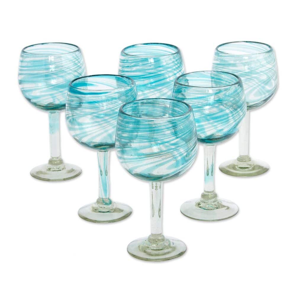 NOVICA Artisan Handblown Wine Glasses Recycled Aqua Mexican Clear Blue Drinkware 'Elegant Aqua Swirl'(Set of 6)