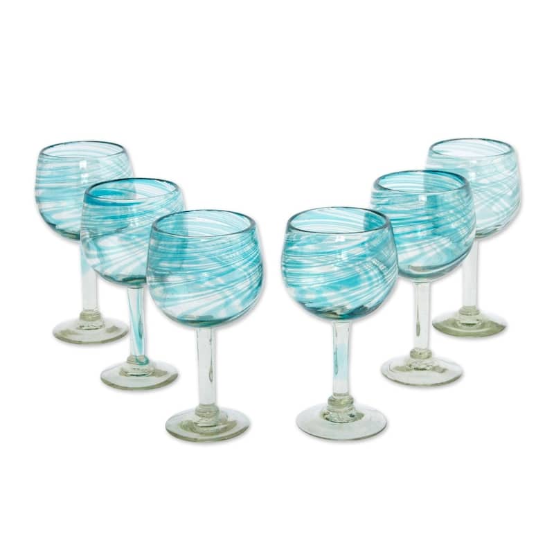 NOVICA Artisan Handblown Wine Glasses Recycled Aqua Mexican Clear Blue Drinkware 'Elegant Aqua Swirl'(Set of 6)
