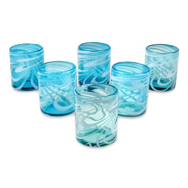 Six Water Glasses Handblown Recycled Glass Drinkware Mexico - Tall Tortoise  Shell