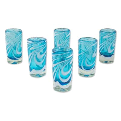 NOVICA Artisan Handblown Shot Glasses Aqua White Mexican Recycled Drinkware 'Whirling Aquamarine'(Set of 6) - 3.5*1.8