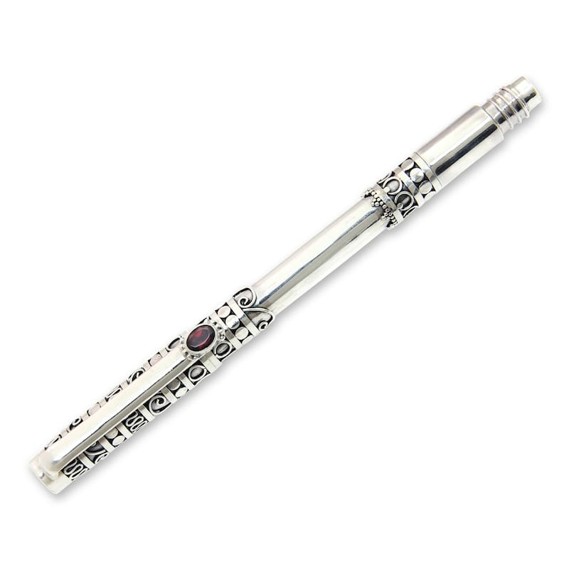 NOVICA Handmade Pillar of Tradition Sterling Silver and Garnet Ballpoint Pen (Indonesia)