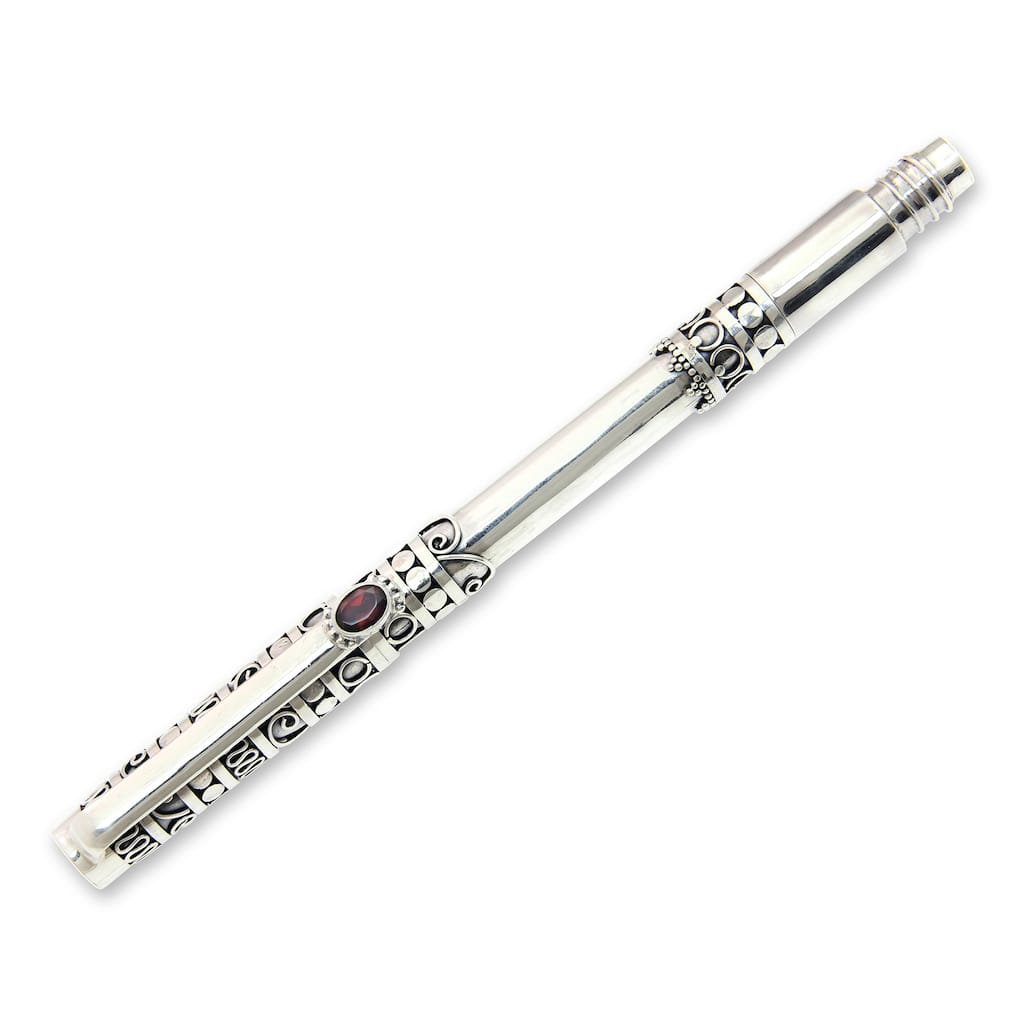 NOVICA Handmade Pillar of Tradition Sterling Silver and Garnet Ballpoint Pen (Indonesia)