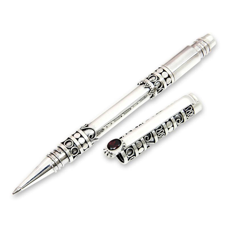 NOVICA Handmade Pillar of Tradition Sterling Silver and Garnet Ballpoint Pen (Indonesia)
