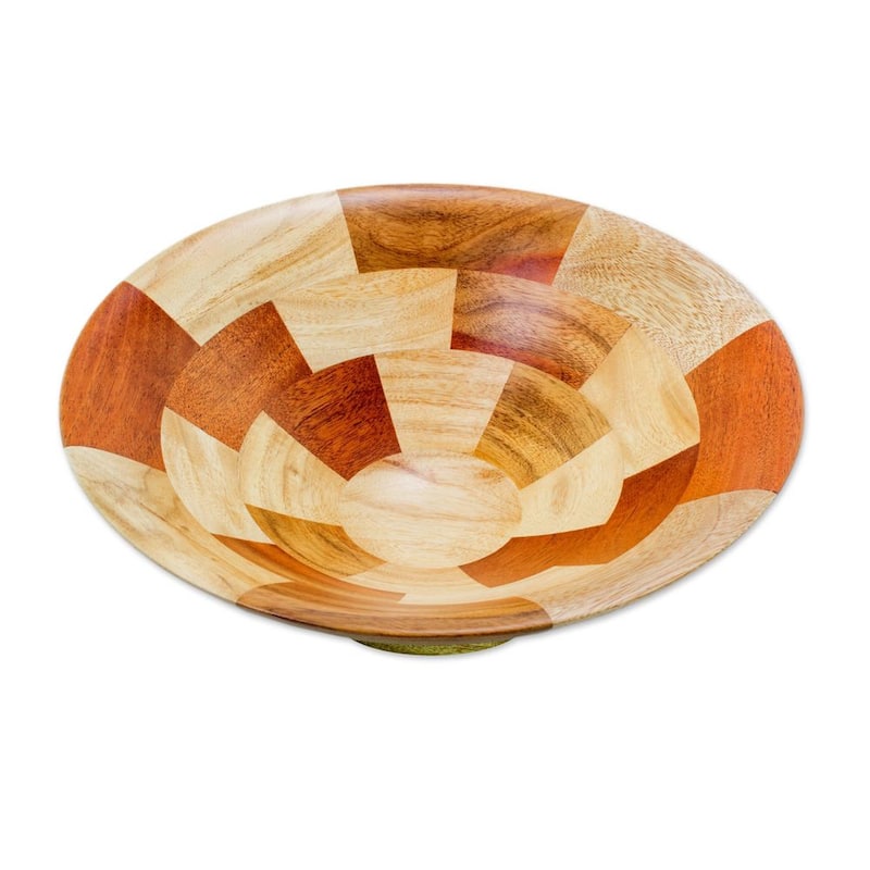 Mahogany and Teakwood Fruit Bowl, 'Tikal Stairway' (Guatemala) - 11.0 In. X 11.0 In. X 3.1 In.