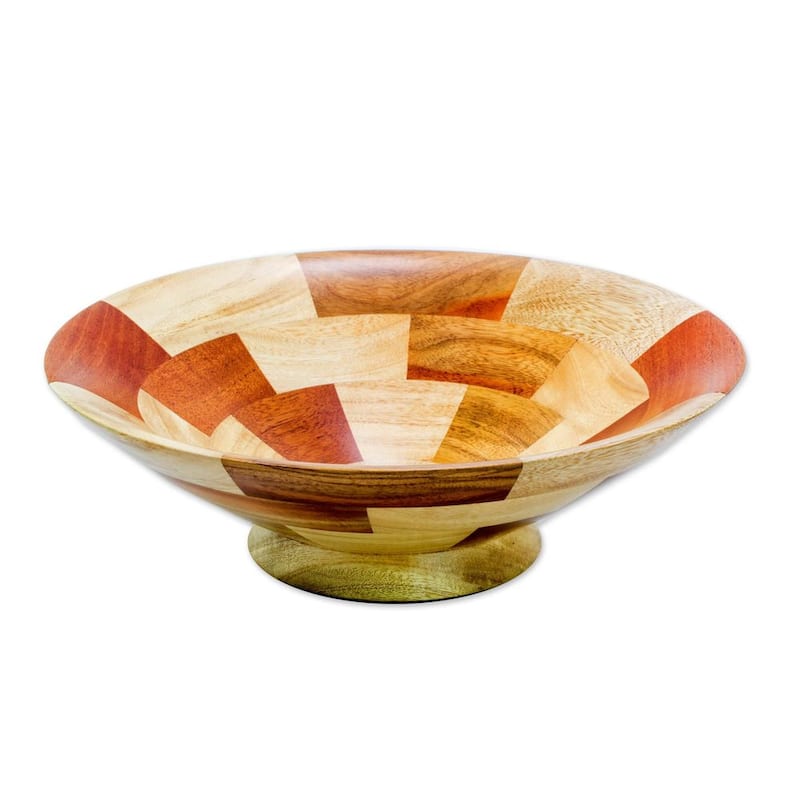 Mahogany and Teakwood Fruit Bowl, 'Tikal Stairway' (Guatemala) - 11.0 In. X 11.0 In. X 3.1 In.