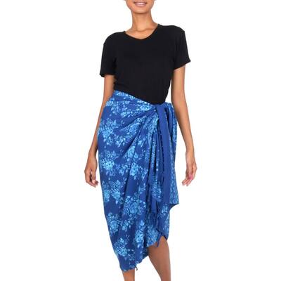 NOVICA Handmade Rayon Batik Sarong, 'Blue Rose' (Indonesia)