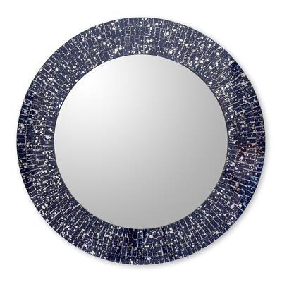 Handmade Glass Mosaic Wall Mirror, 'Round Navy Cosmos' (India)