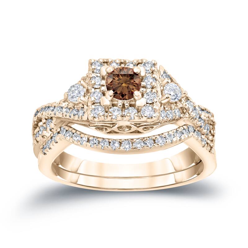 14k Gold 3/4ct TDW Infinity Braided Brown Diamond Halo Engagement Ring Set by Auriya