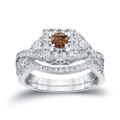 14k Gold 3/4ct TDW Infinity Braided Brown Diamond Halo Engagement Ring Set by Auriya